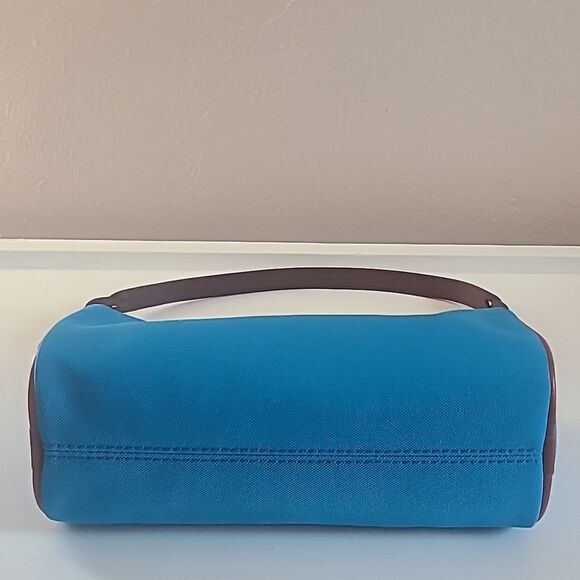 Dooney & Bourke Bright Blue Nylon Brown Leather Trim Small Barrel Shoulder Bag - Picture 8 of 13